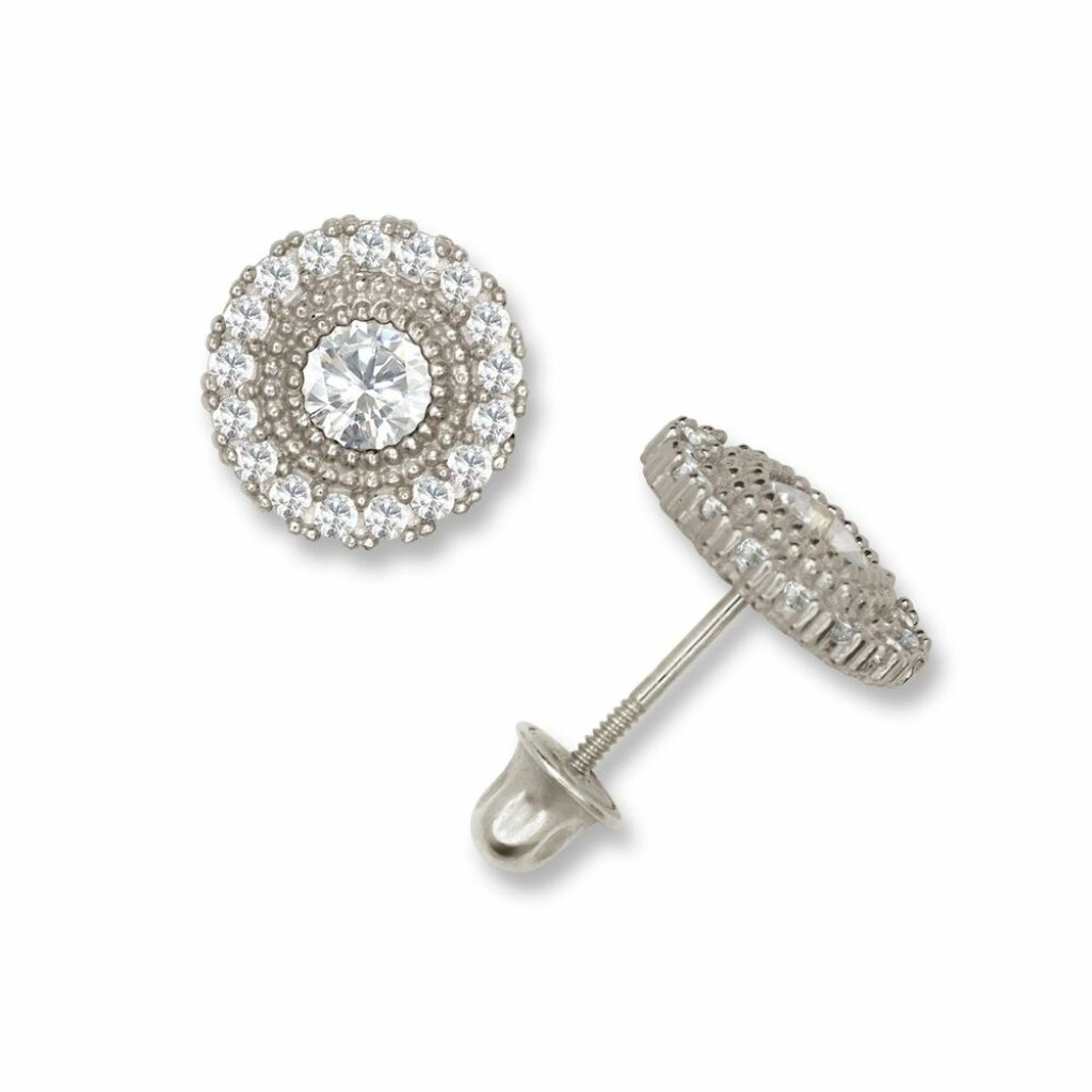 14k Solid Yellow And White Gold Round Halo Studs Screw Back Earrings